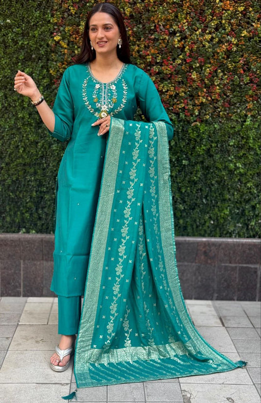 Rama Kurti Pant Dupatta Set – Premium Roman Silk code 360 rama