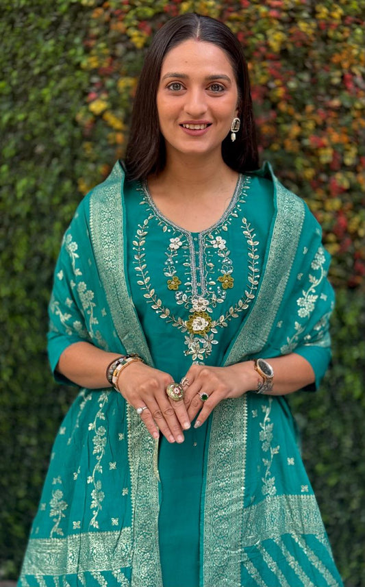 Rama Kurti Pant Dupatta Set – Premium Roman Silk code 360 rama