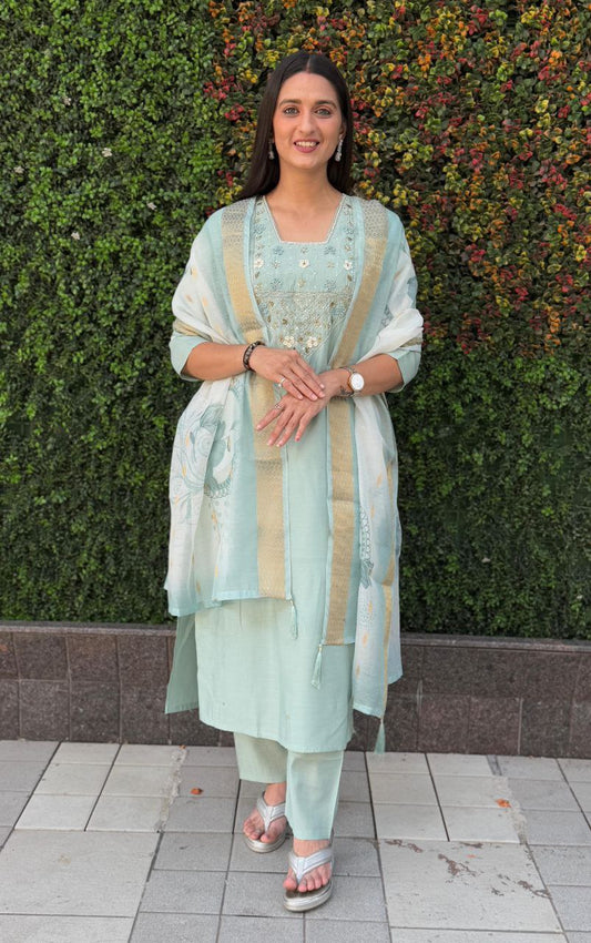 C-Green Kurti Pant Dupatta Set – Premium Roman Silk  code 369 C green