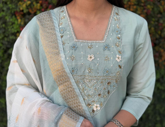 C-Green Kurti Pant Dupatta Set – Premium Roman Silk  code 369 C green
