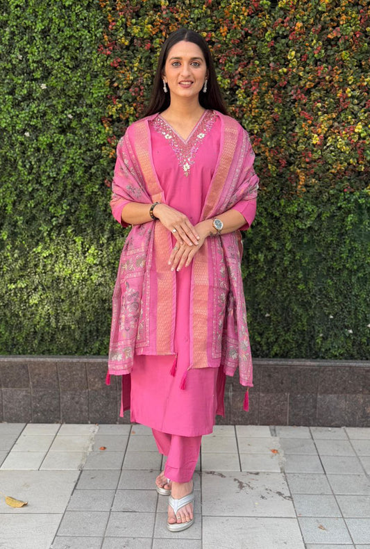 Rouge Kurti Pant Dupatta Set – Premium Roman Silk  code 366 Rouge
