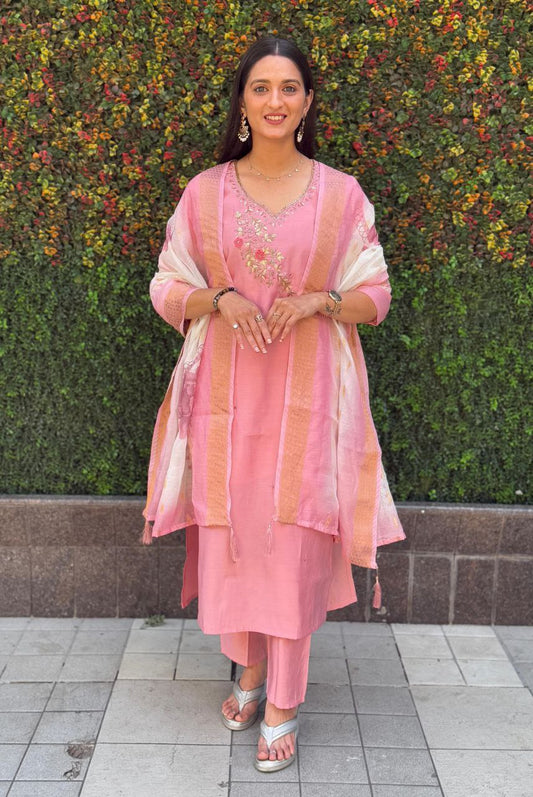 Light pink Kurti Pant Dupatta Set – Premium Roman Silk    code 358 Light Pink