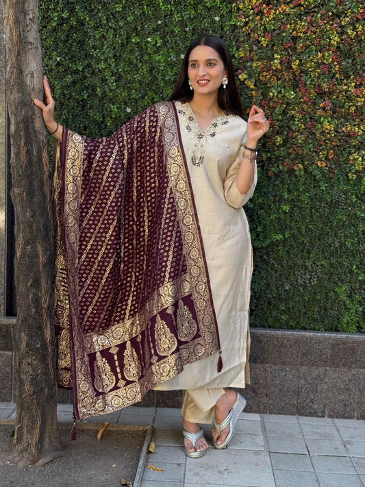 Cream Kurti Pant Dupatta Set – Premium Roman Silk code 361 cream