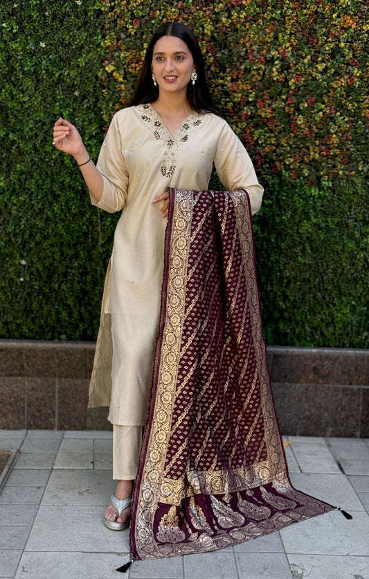 Cream Kurti Pant Dupatta Set – Premium Roman Silk code 361 cream
