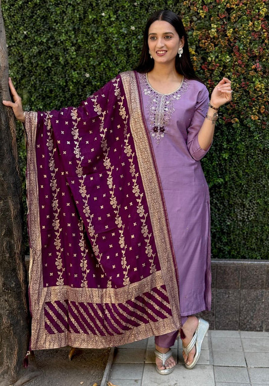 Lovender Kurti Pant Dupatta Set – Premium Roman Silk  code 368 Lovender
