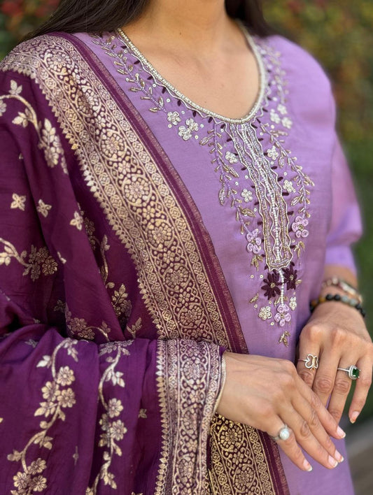 Lovender Kurti Pant Dupatta Set – Premium Roman Silk  code 368 Lovender