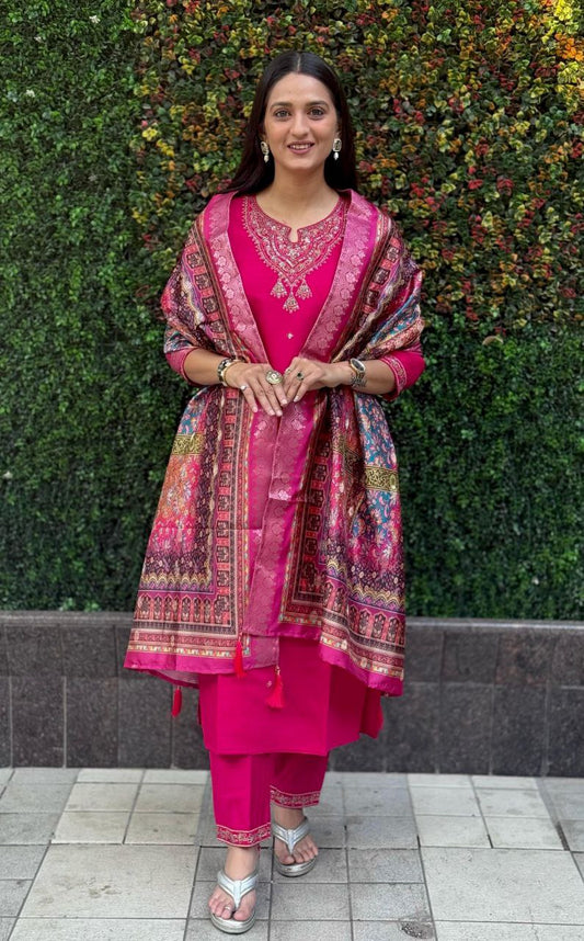 Rani Pink Kurti Pant Dupatta Set – Premium Roman Silk code 370 Rani Pink