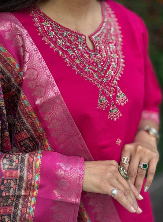 Rani Pink Kurti Pant Dupatta Set – Premium Roman Silk code 370 Rani Pink