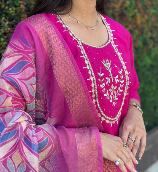 Pink Kurti Pant Dupatta Set – Premium Roman Silk  code 362 Pink