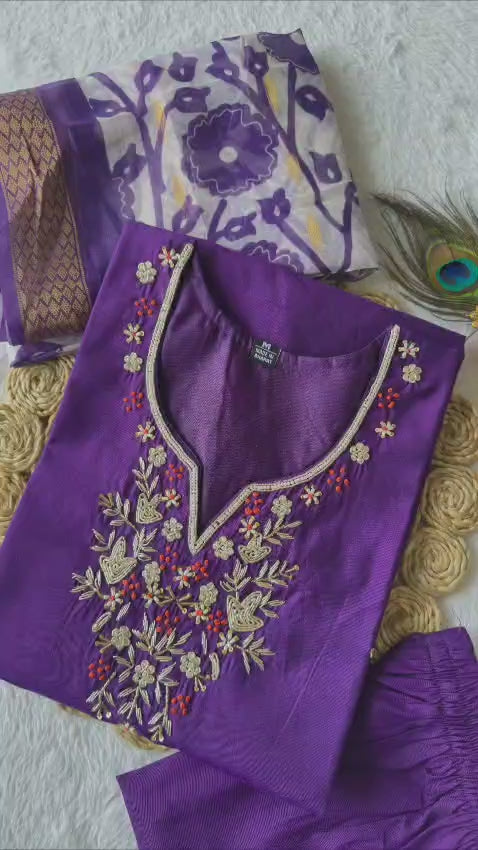Purple Kurti Pant Dupatta Set – Premium Roman Silk code 380