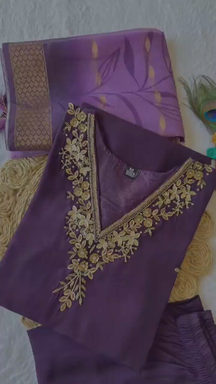 Dark Purple Kurti Pant Dupatta Set – Premium Roman Silk  code 365-Dark Purple