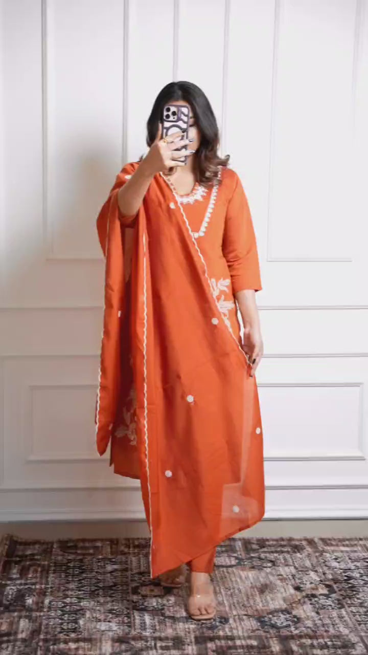 Rust Kurti Pant Dupatta Set – Premium Roman Silk   code 374