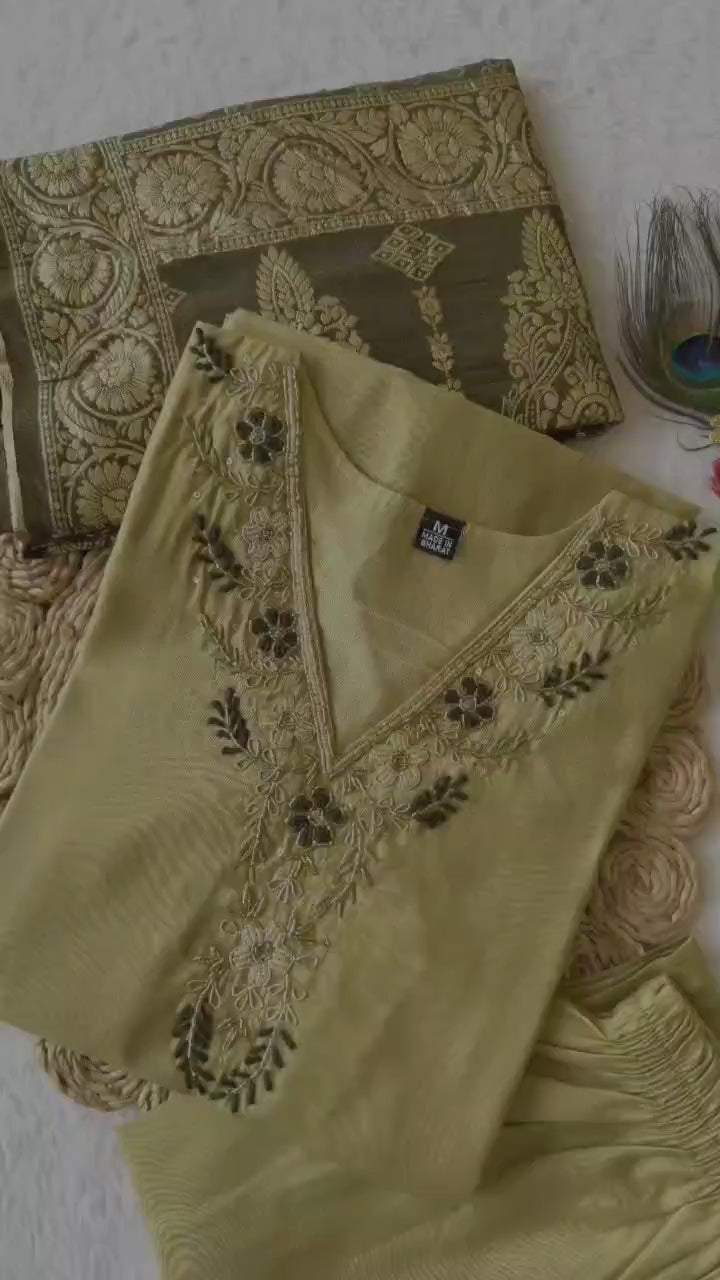 Elaichi Kurti Pant Dupatta Set – Premium Roman Silk  code 361