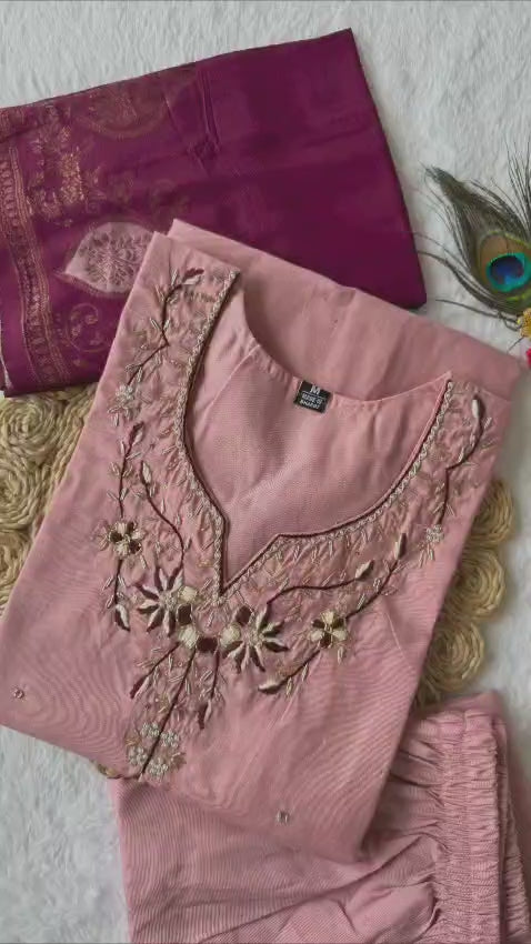 Light Pink Kurti Pant Dupatta Set – Premium Roman Silk   code 378