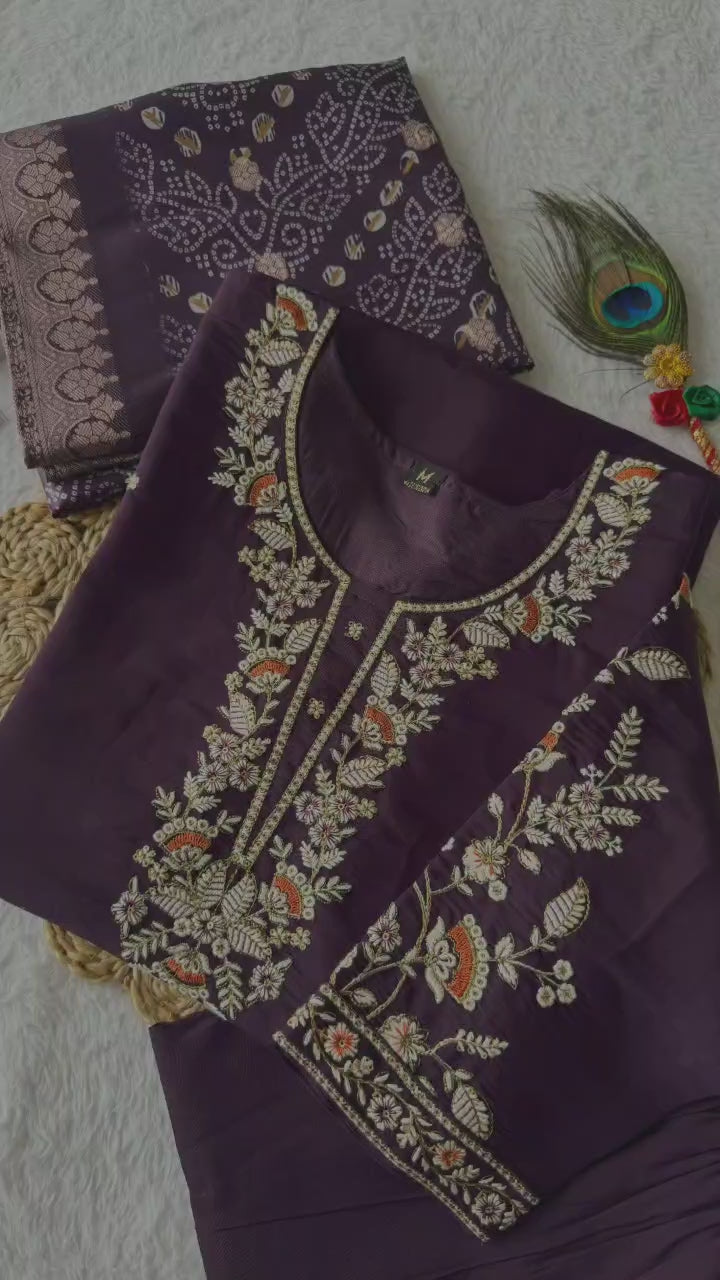 Dark Purple Kurti Pant Dupatta Set – Premium Roman Silk  code 382