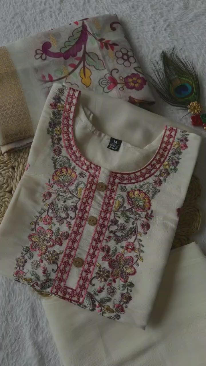 Cream  Kurti Pant Dupatta Set – Premium Roman Silk  code 371