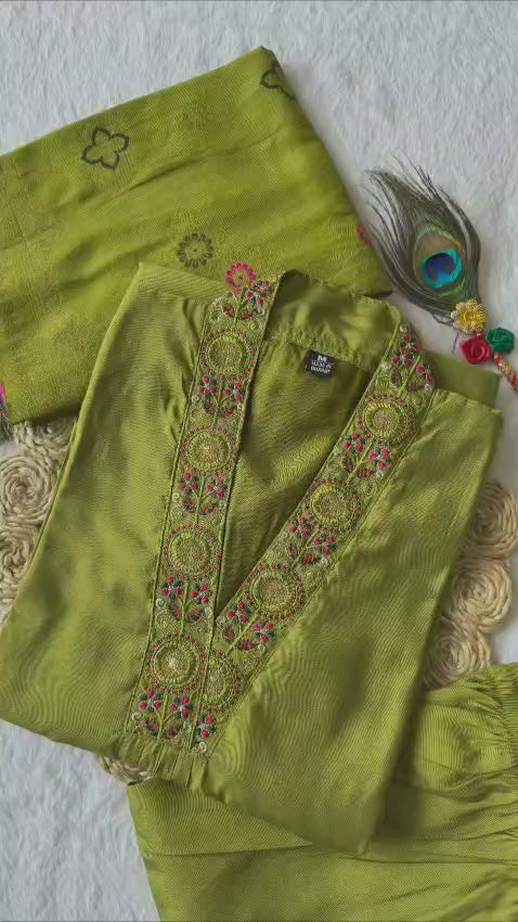 Light Mehendi Kurti Pant Dupatta Set – Premium Roman Silk   code 376