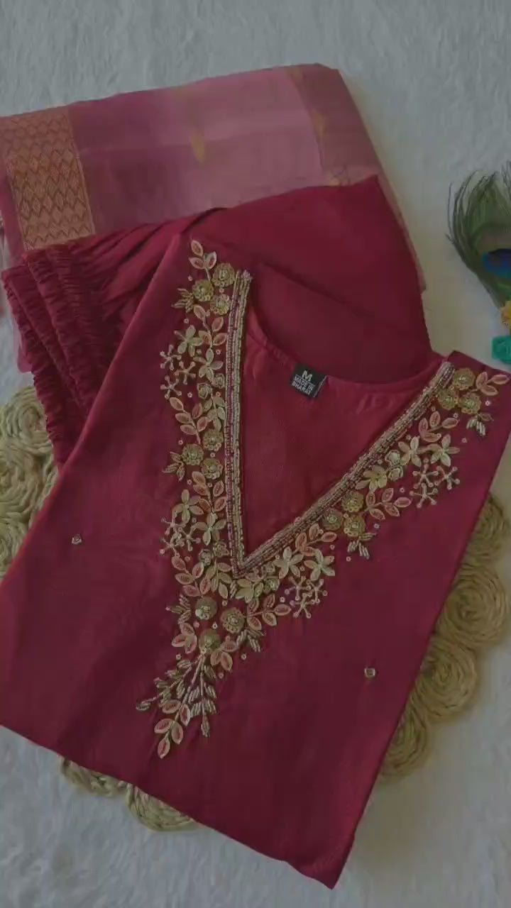 Maroon Kurti Pant Dupatta Set – Premium Roman Silk  code 365